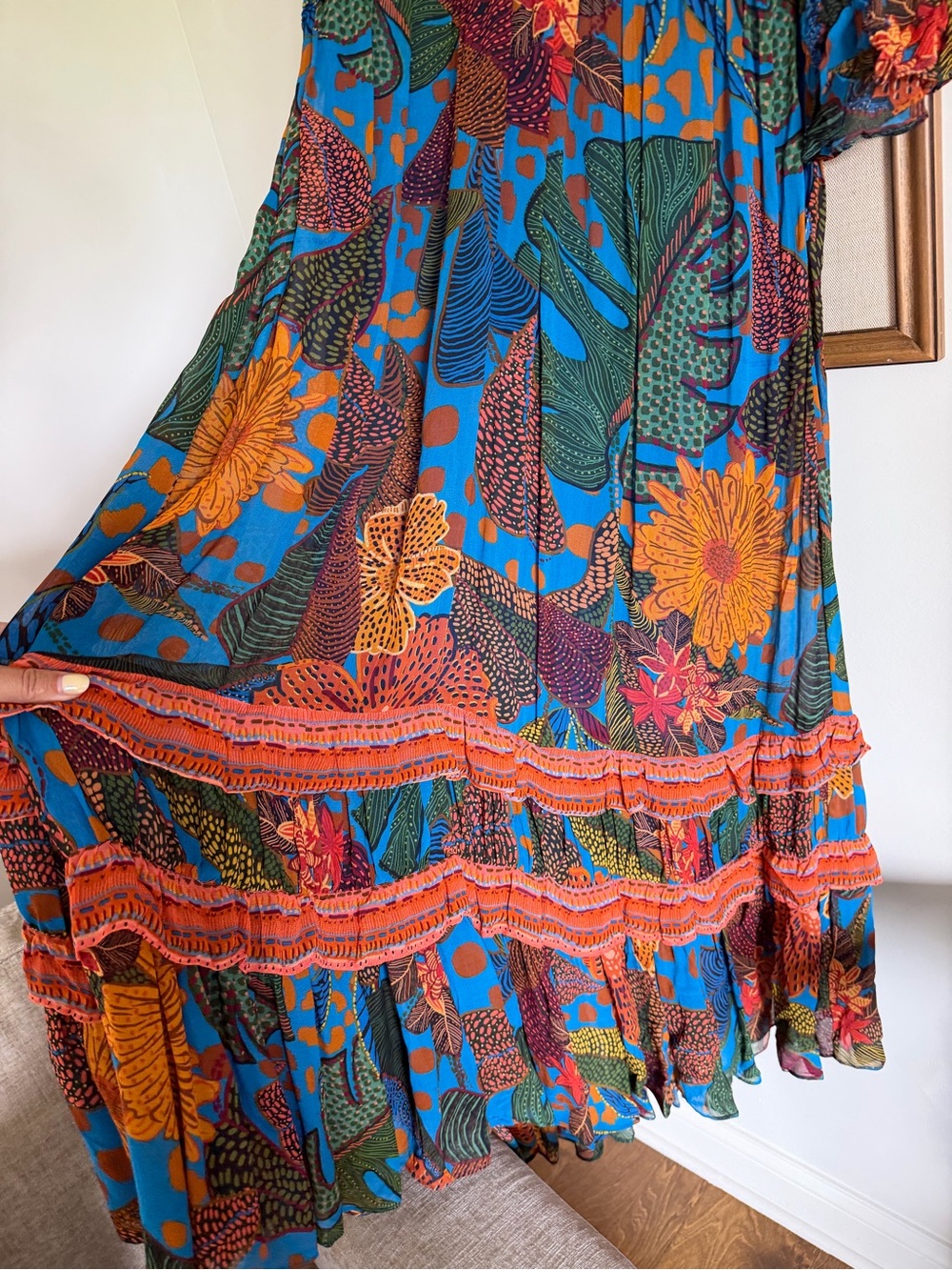Bohemian V-Neck Maxi Dress in Blue and Rust - Picture 5 of 12